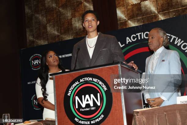 Cherelle Griner, Brittney Griner and Al Sharpton are seen during The National Action Network's Women's Empowerment Luncheon on April 13, 2023 in New...