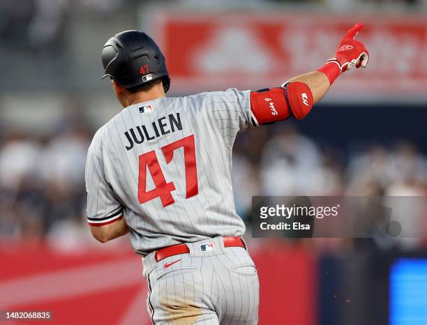 Edouard Julien of the Minnesota Twins celebrates his solo homer run in the first inning against the New York Yankees at Yankee Stadium on April 13,...