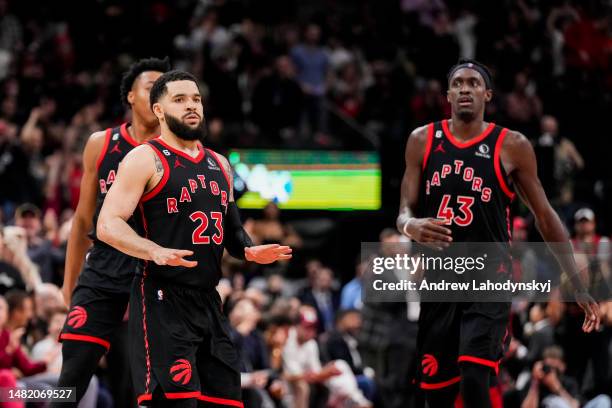 Fred VanVleet of the Toronto Raptors gestures against the Chicago Bulls during the 2023 Play-In Tournament at the Scotiabank Arena on April 12, 2023...