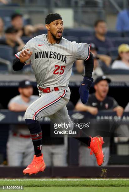 Byron Buxton of the Minnesota Twins heads for home in the first inning against the New York Yankees at Yankee Stadium on April 13, 2023 in Bronx...
