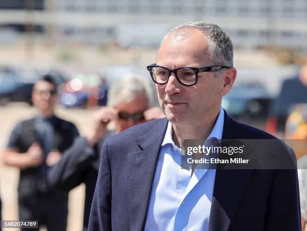 Formula One Group President and CEO Stefano Domenicali arrives at a topping out event for the Las Vegas Grand Prix paddock building on April 13, 2023...