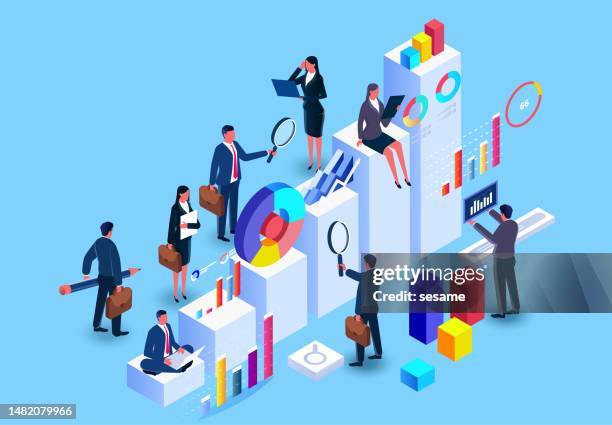 data analysis, financial management, financial research analysis and forecasting, charting and database reporting or data visualization - big data isometric stock illustrations