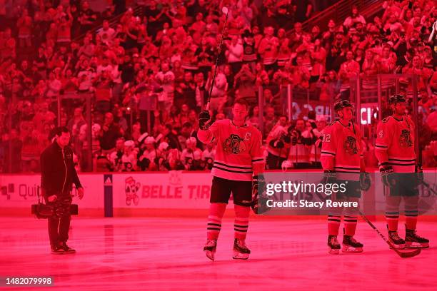 Jonathan Toews of the Chicago Blackhawks waves to the crowd prior to a game against the Philadelphia Flyers at United Center on April 13, 2023 in...