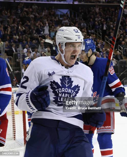 Noel Acciari of the Toronto Maple Leafs celebrates his third period game winning goal against the New York Rangers at Madison Square Garden on April...