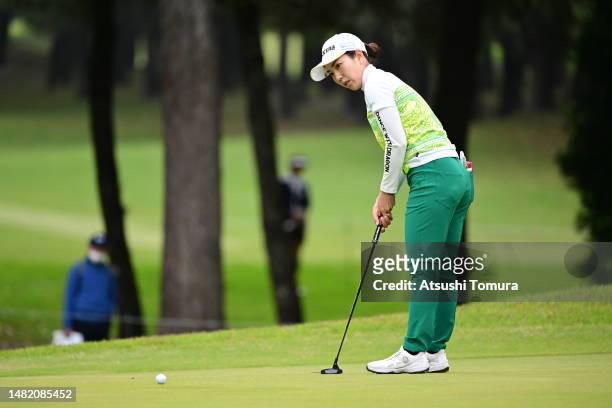 Ritsuko Ryu of Japan attempts a putt on the 2nd green during the first round of KKTcup VANTELIN Ladies Open at Kumamoto Kuko Country Club on April...