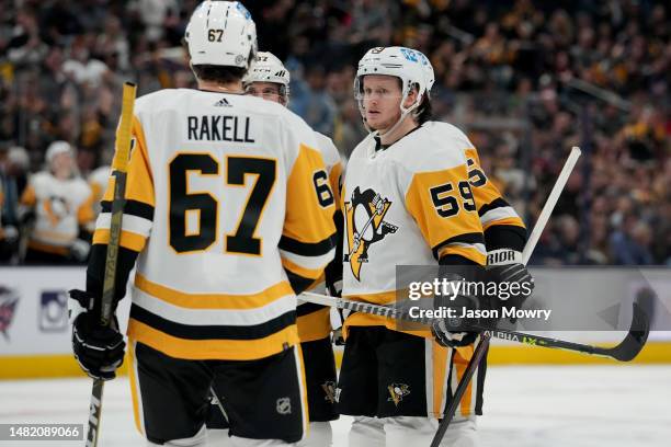 Jake Guentzel of the Pittsburgh Penguins celebrates a goal during the third period against the Columbus Blue Jackets at Nationwide Arena on April 13,...