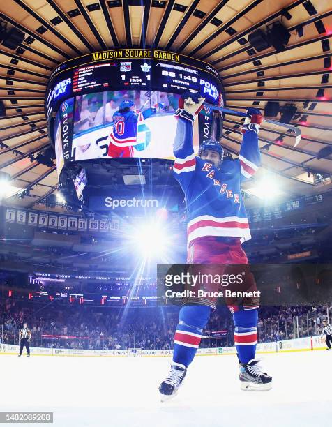Chris Kreider of the New York Rangers celebrates a third period powerplay goal by Artemi Panarin against the Toronto Maple Leafs at Madison Square...