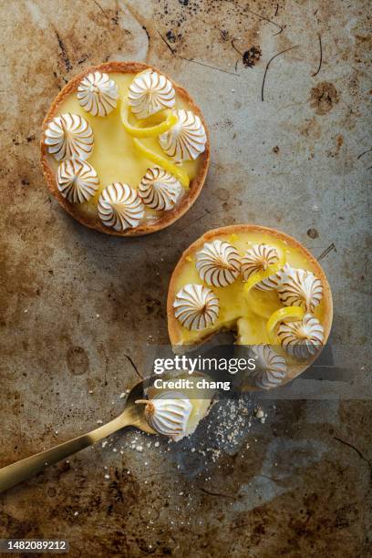 french lemon tart with meringue - merengue stock pictures, royalty-free photos & images