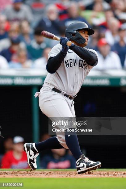 Willie Calhoun of the New York Yankees bats against the Cleveland Guardians during the third inning at Progressive Field on April 11, 2023 in...