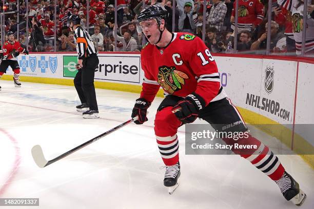 Jonathan Toews of the Chicago Blackhawks celebrates a goal against the Philadelphia Flyers during the second period at United Center on April 13,...