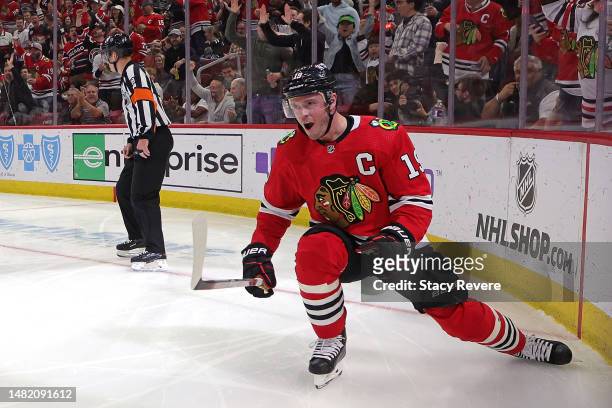 Jonathan Toews of the Chicago Blackhawks celebrates a goal against the Philadelphia Flyers during the second period at United Center on April 13,...