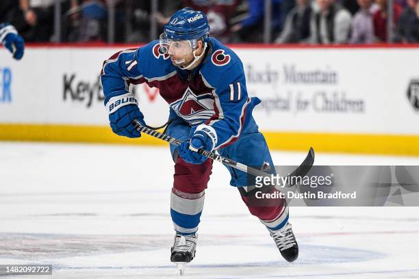 Andrew Cogliano of the Colorado Avalanche skates in the second period of a game against the Edmonton Oilers at Ball Arena on April 11, 2023 in...
