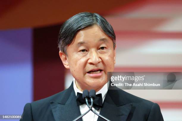 Emperor Naruhito makes a remark during the Japan Prize Award Ceremony on April 13, 2023 in Tokyo, Japan.