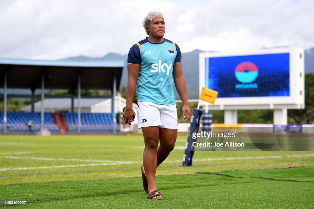 Fine Inisi of Moana Pasifika looks on ahead of the round eight Super ...