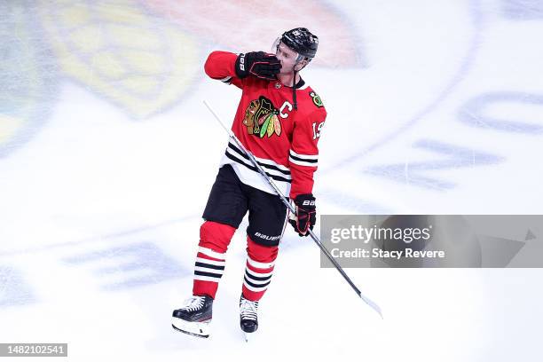 Jonathan Toews of the Chicago Blackhawks waves to the crowd following a game against the Philadelphia Flyers at United Center on April 13, 2023 in...