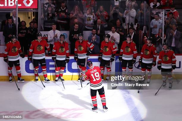 Jonathan Toews of the Chicago Blackhawks waves to the crowd following a game against the Philadelphia Flyers at United Center on April 13, 2023 in...