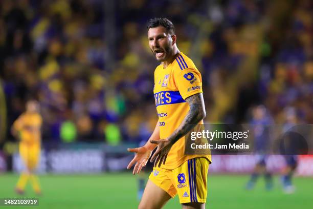 Andre-Pierre Gignac of Tigres reacts during the quarterfinals second leg match between Tigres UANL and Motagua as part of the Concacaf Champions...