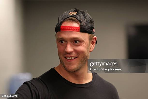 Jonathan Toews of the Chicago Blackhawks speaks to the media following a game against the Philadelphia Flyers at United Center on April 13, 2023 in...