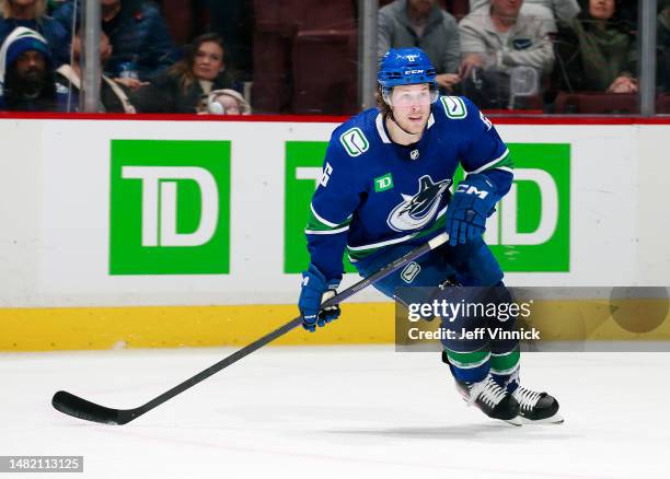 Brock Boeser of the Vancouver Canucks skates up ice during their NHL game against the Chicago Blackhawks at Rogers Arena April 6, 2023 in Vancouver,...