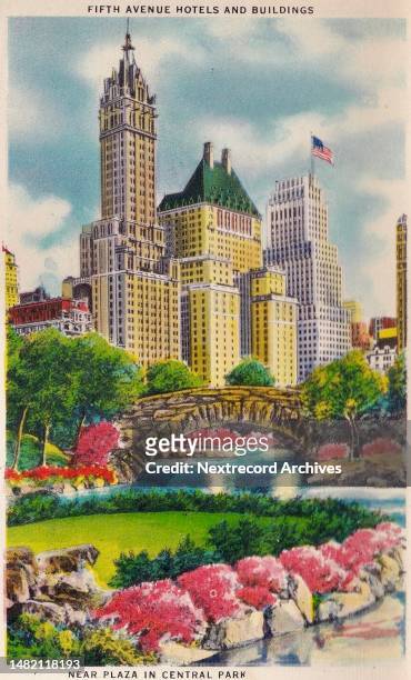 Vintage illustrated historic souvenir photo postcard published circa 1941 in a series titled, 'New York, the World Metropolis', featuring the famous...