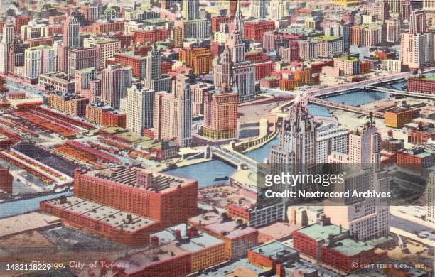 Vintage colorized historic souvenir photo postcard published in 1937 as part of a series titled, 'Greater Chicago,' depicting an aerial view of the...