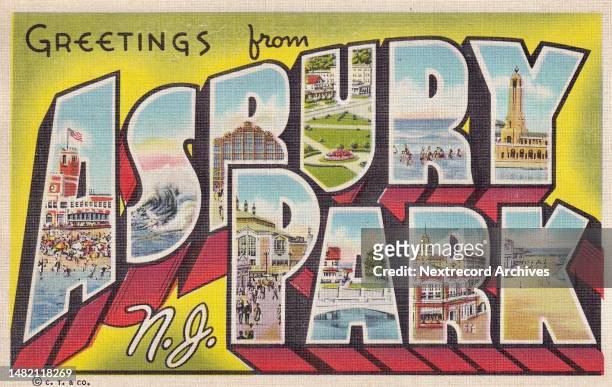 Vintage color historic souvenir photo postcard published circa 1930s as part of a series titled, 'Greetings from the NJ Shore,' depicting the vibrant...