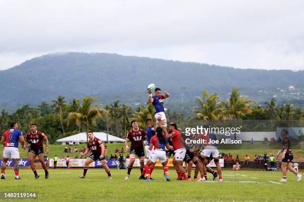 Potu Leavasa of Moana Pasifika collects the ball from a lineout during the round eight Super Rugby Pacific match between Moana Pasifika and...