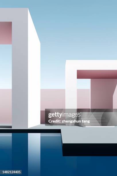 abstract architecture 3d render with buildings and stairs and sky in background - fashion abstract foto e immagini stock