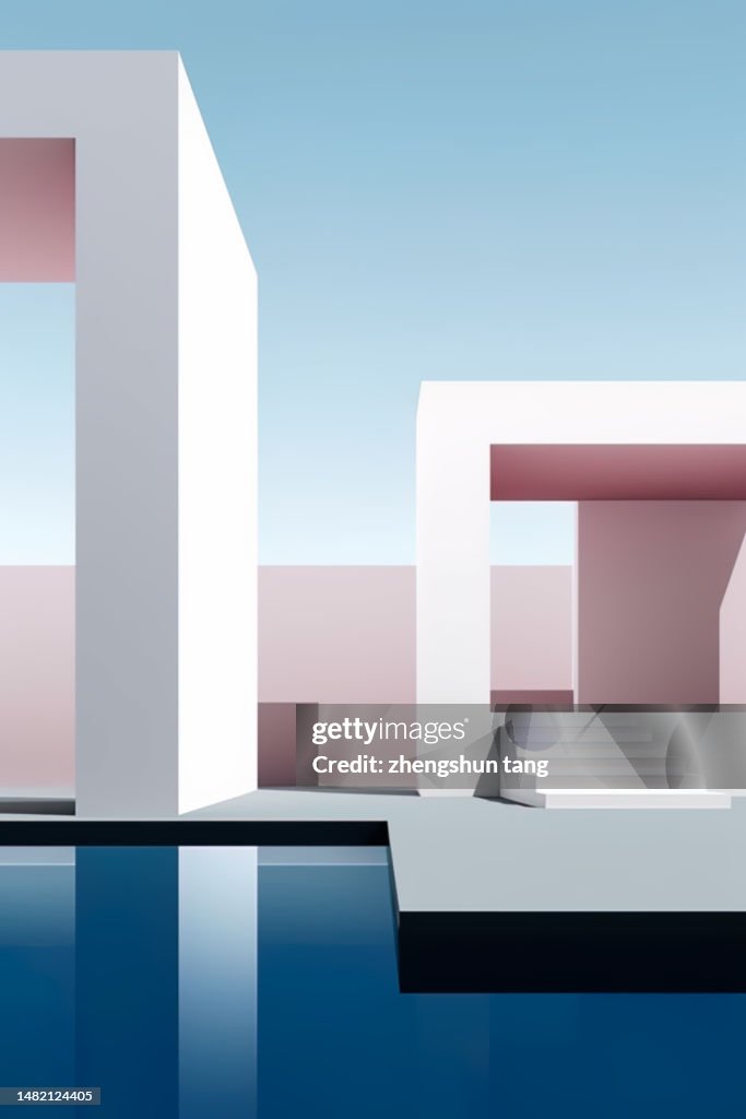 Abstract Architecture 3d render with buildings and stairs and Sky in background