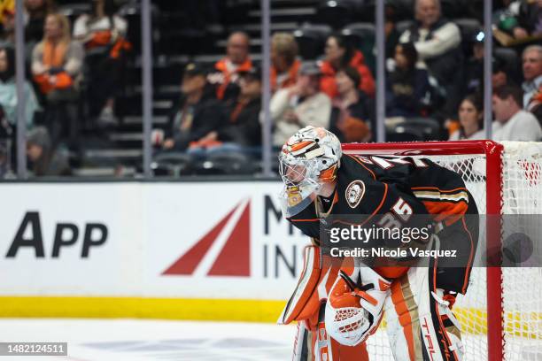 John Gibson of the Anaheim Ducks defends the net during the second period against the Los Angeles Kings at Honda Center on April 13, 2023 in Anaheim,...