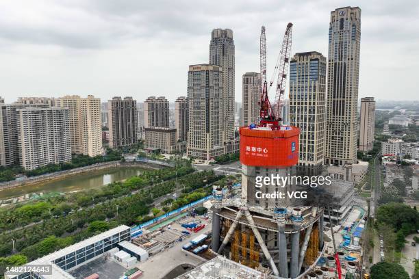 Aerial view of a skyscraper-building machine on April 13, 2023 in Haikou, Hainan Province of China. The skyscraper-building machine will help build...