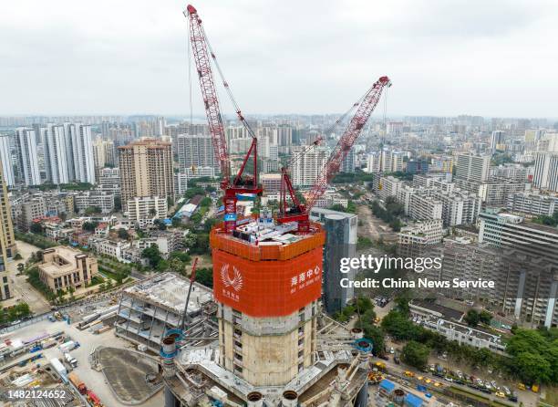 Aerial view of a skyscraper-building machine on April 13, 2023 in Haikou, Hainan Province of China. The skyscraper-building machine will help build...