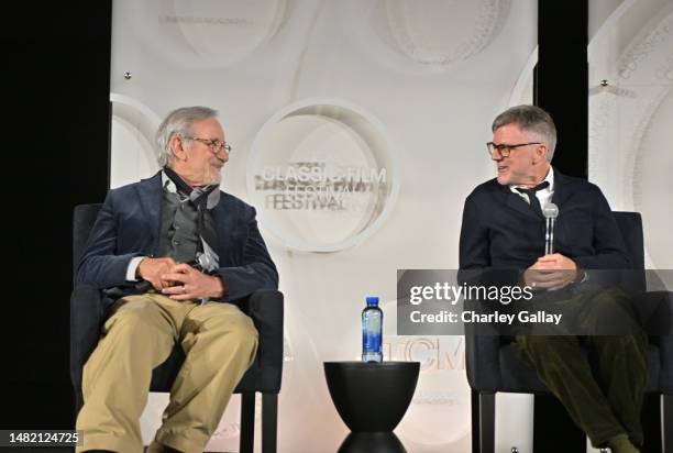 Steven Spielberg and Paul Thomas Anderson speak onstage during the opening night gala and world premiere of the 4k restoration of "Rio Bravo" during...