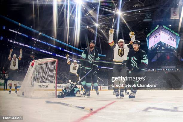 Alec Martinez of the Vegas Golden Knights celebrates his goal during the second period against the Seattle Kraken at Climate Pledge Arena on April...