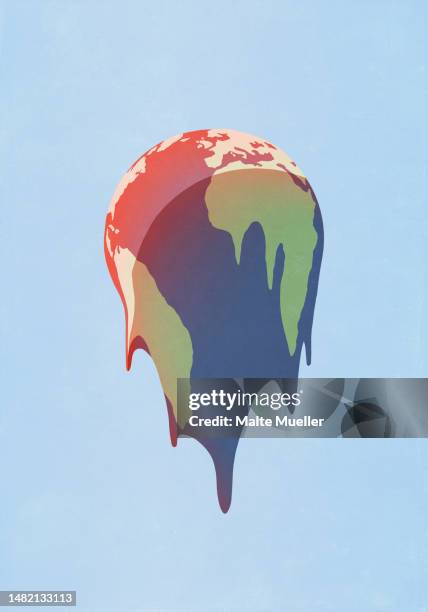 ilustraciones, imágenes clip art, dibujos animados e iconos de stock de global warming melting globe on blue background - cambio climático