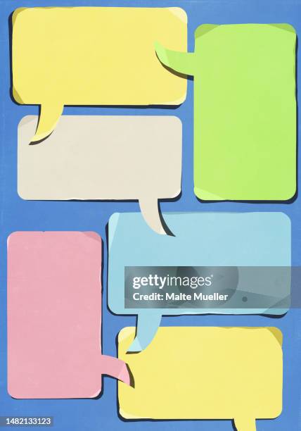 multicolored communication speech bubbles overlapping on blue background - conversation concept stock illustrations