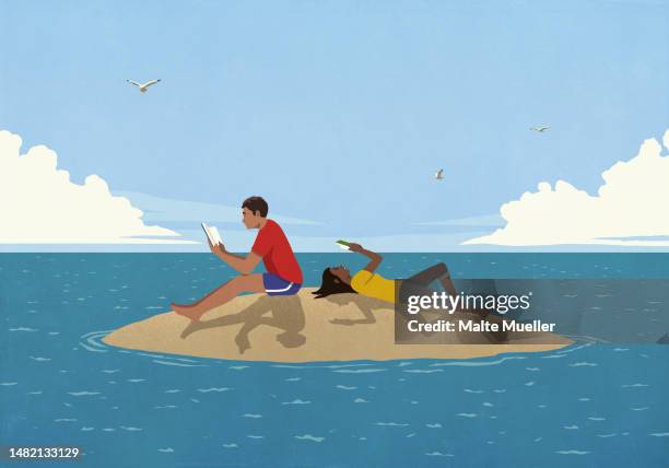 ilustraciones, imágenes clip art, dibujos animados e iconos de stock de couple reading books on sunny remote ocean island - mujer leyendo