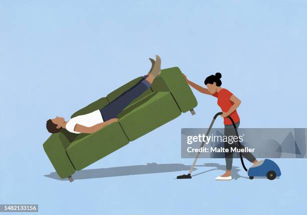 wife vacuuming, lifting sofa with sleeping husband - house side view illustration stock illustrations
