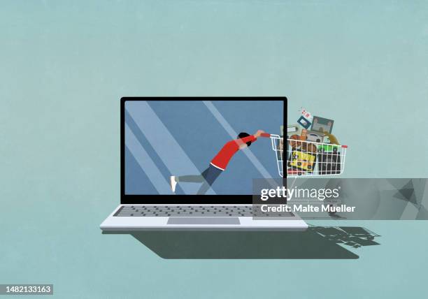 boy online shopping, pushing shopping cart of toys on laptop screen - paperwork stock illustrations