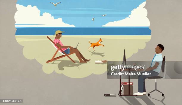 ilustraciones, imágenes clip art, dibujos animados e iconos de stock de businessman working at desk, daydreaming about vacation on sunny ocean beach - grupo pequeño de animales