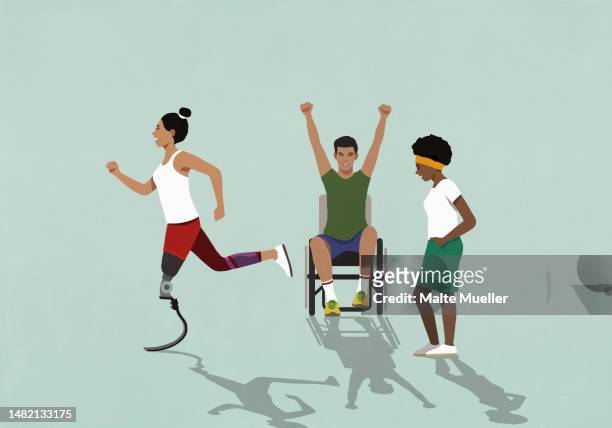 happy, excited disabled people exercising - sports stock illustrations