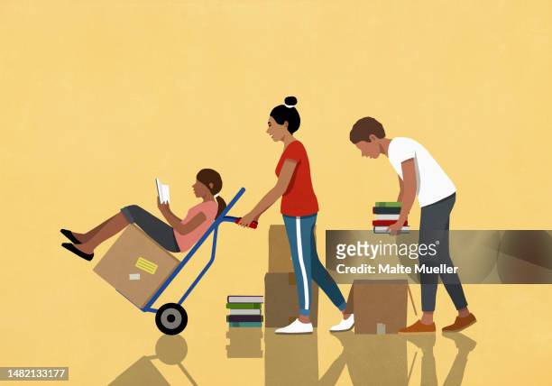 family reading, packing and moving boxes of books with hand truck - box container stock illustrations