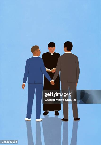ilustrações de stock, clip art, desenhos animados e ícones de priest marrying gay male couple holding hands on blue background - casamento gay