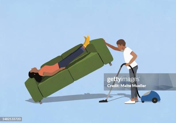 husband vacuuming under wife sleeping on sofa at home - resting stock illustrations