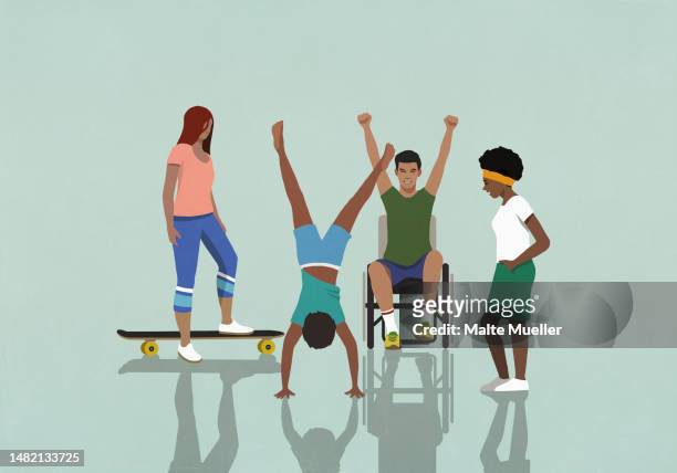 energetic community in wheelchair and with skateboard playing - sports stock illustrations