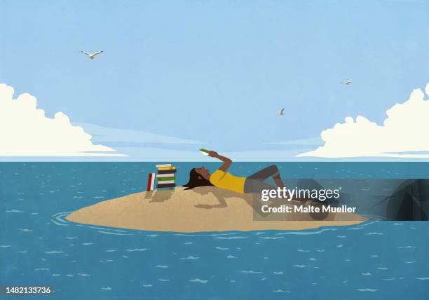 woman relaxing, reading stack of books on sunny, remote ocean island - stack of books on beach stock illustrations