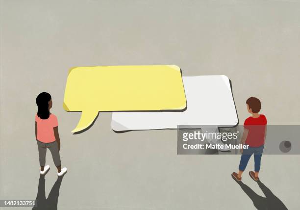 couple talking, looking down at communication speech bubbles - social media stock illustrations