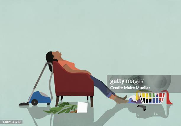 exhausted woman sleeping in armchair in messy living room at home - clutter stock illustrations
