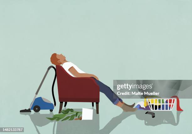 ilustraciones, imágenes clip art, dibujos animados e iconos de stock de exhausted man sleeping in armchair in messy living room at home - head back