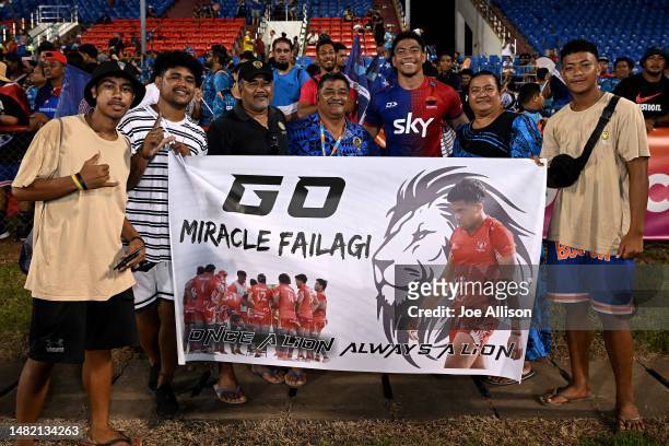 Miracle Faiilagi of Moana Pasifika poses for a photo with fans following the round eight Super Rugby Pacific match between Moana Pasifika and...